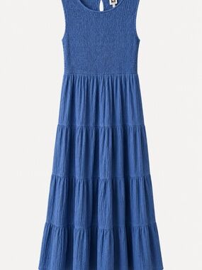 Anne Klein XL Blue Smocked Bodice Tiered Maxi Dress Sleeveless Crinkle Gauze